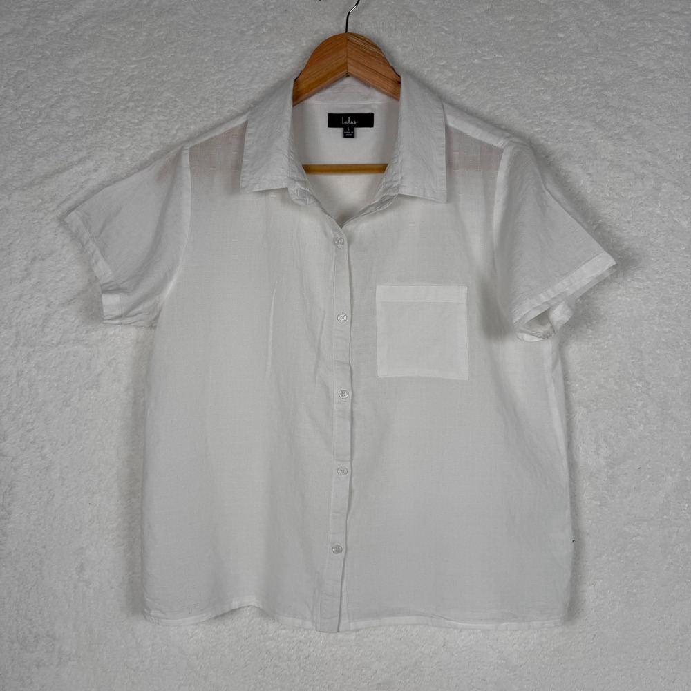 Lulus Button Up Shirt Womens Large White Dobby Cotton Short Sleeve Pocket Top